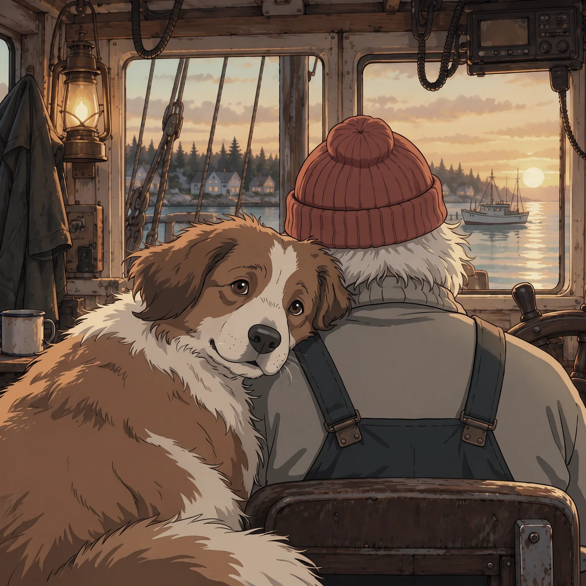 Bruin and Snoody inside the wheelhouse at sunset