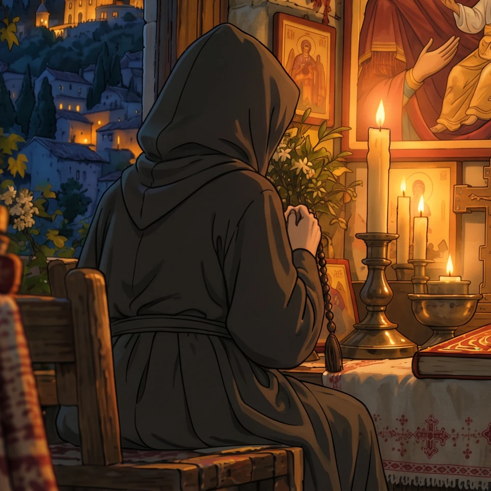 Hooded figure praying by candlelight in an Orthodox prayer corner